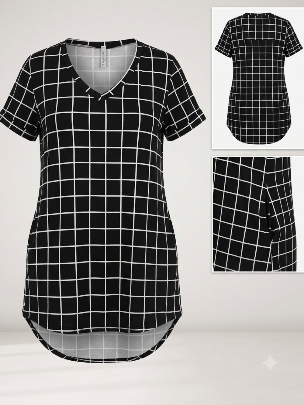 Acting Pro Grid Tunic Top 2X Black White V-Neck Pockets Short Sleeve Curved Hem